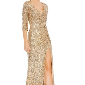 MAC DUGGAL 42015 SEQUINED DRAPED 3/4 SLEEVE LIGHT GOLD GOWN sz 20